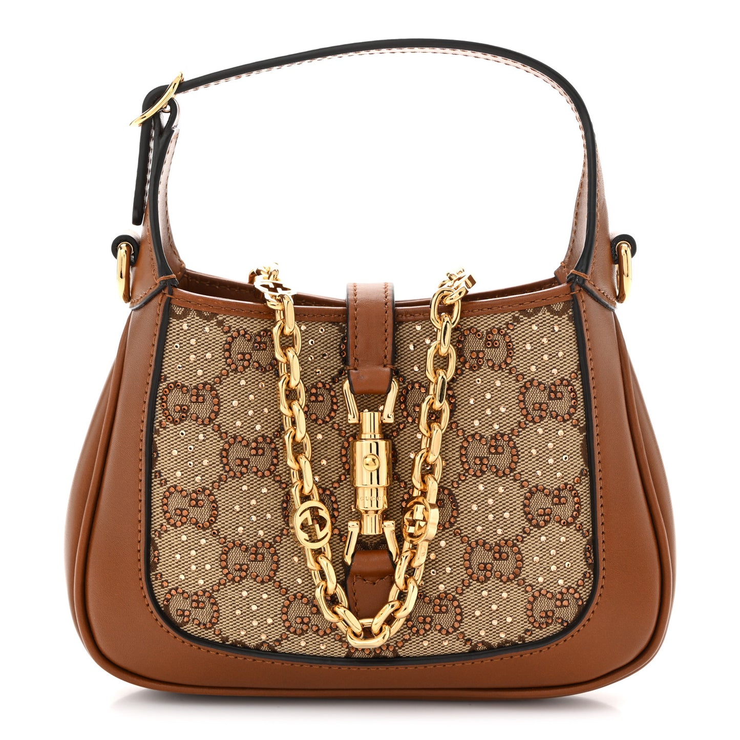 New Canvas Charisma Calfskin Crystal GG Monogram Mini Jackie 1961 Hobo Camel Ebony