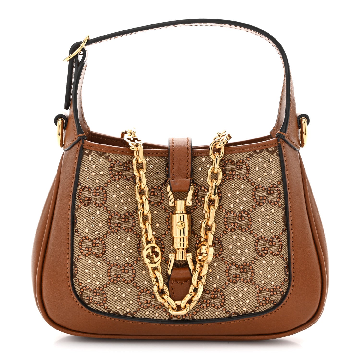 Gucci New Canvas Charisma Calfskin Crystal GG Monogram Mini Jackie 1961 Hobo Camel Ebony 1 of 12