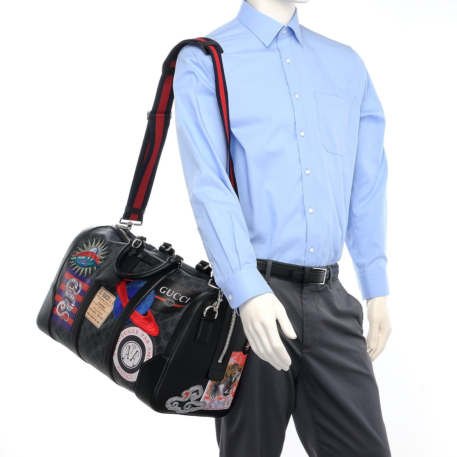 Gucci Soft GG Supreme Monogram Appia Calfskin Web Night Courrier Medium Carry On Duffle Black Grey 2 of 13