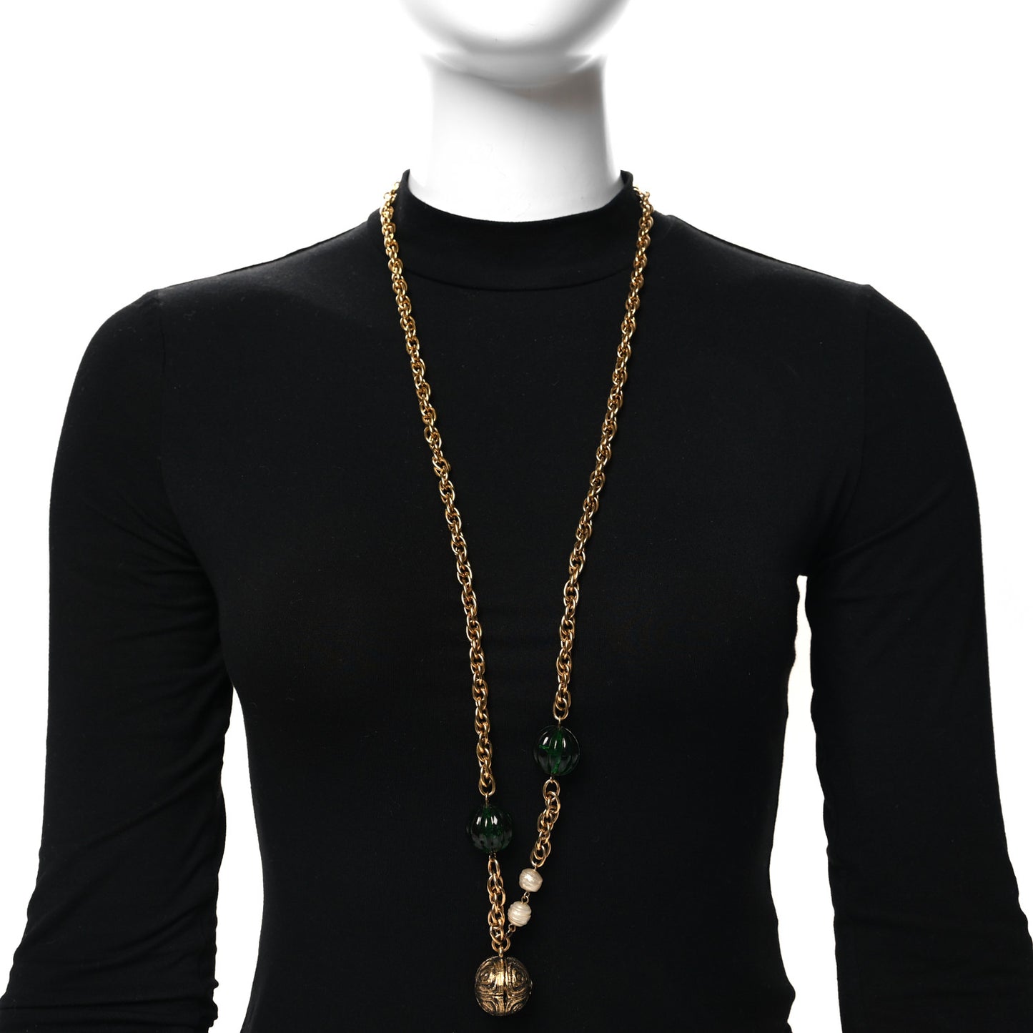 Crystal Gripoix Poured Glass Pearl Sphere Pendant Necklace Gold Green