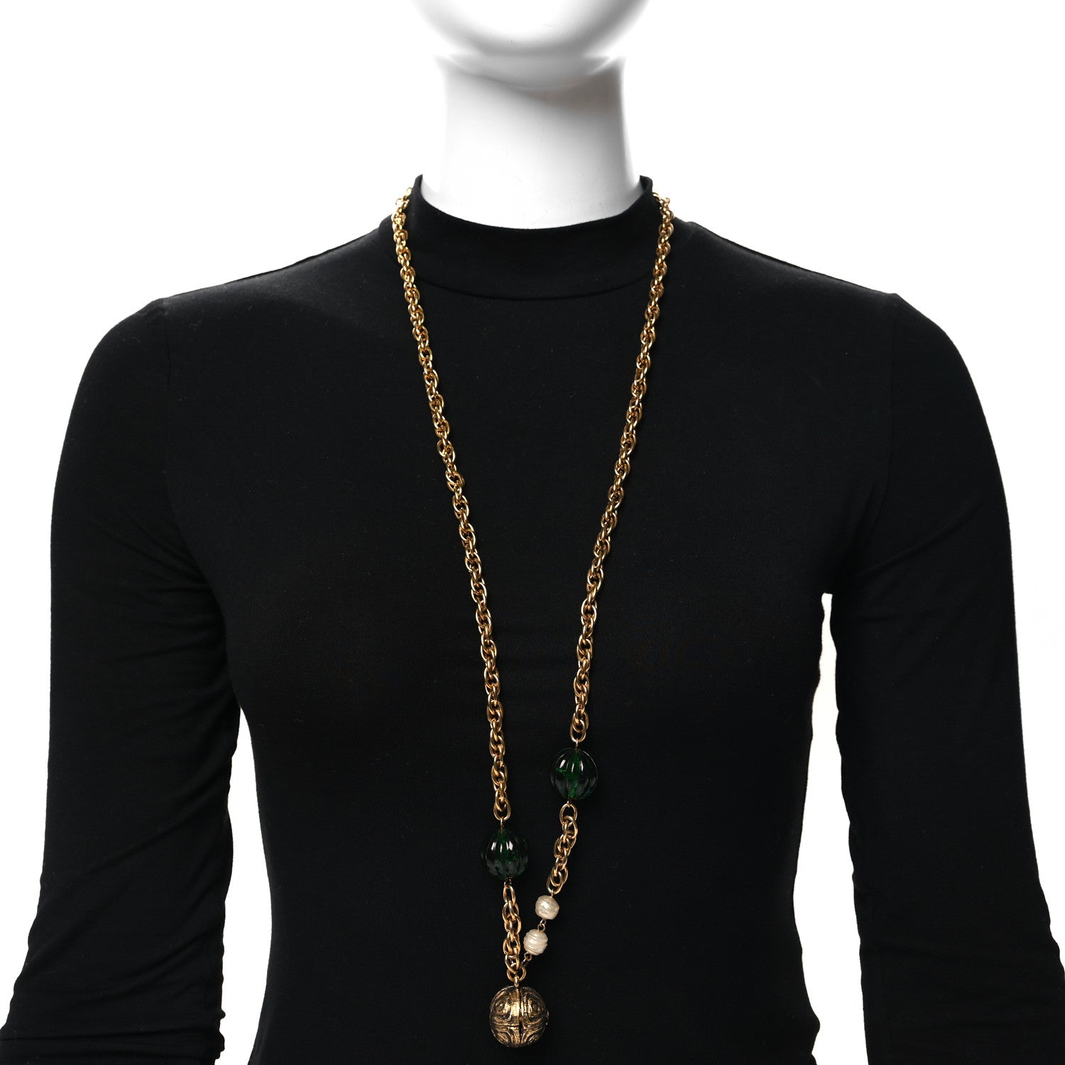 Chanel Crystal Gripoix Poured Glass Pearl Sphere Pendant Necklace Gold Green 2 of 6