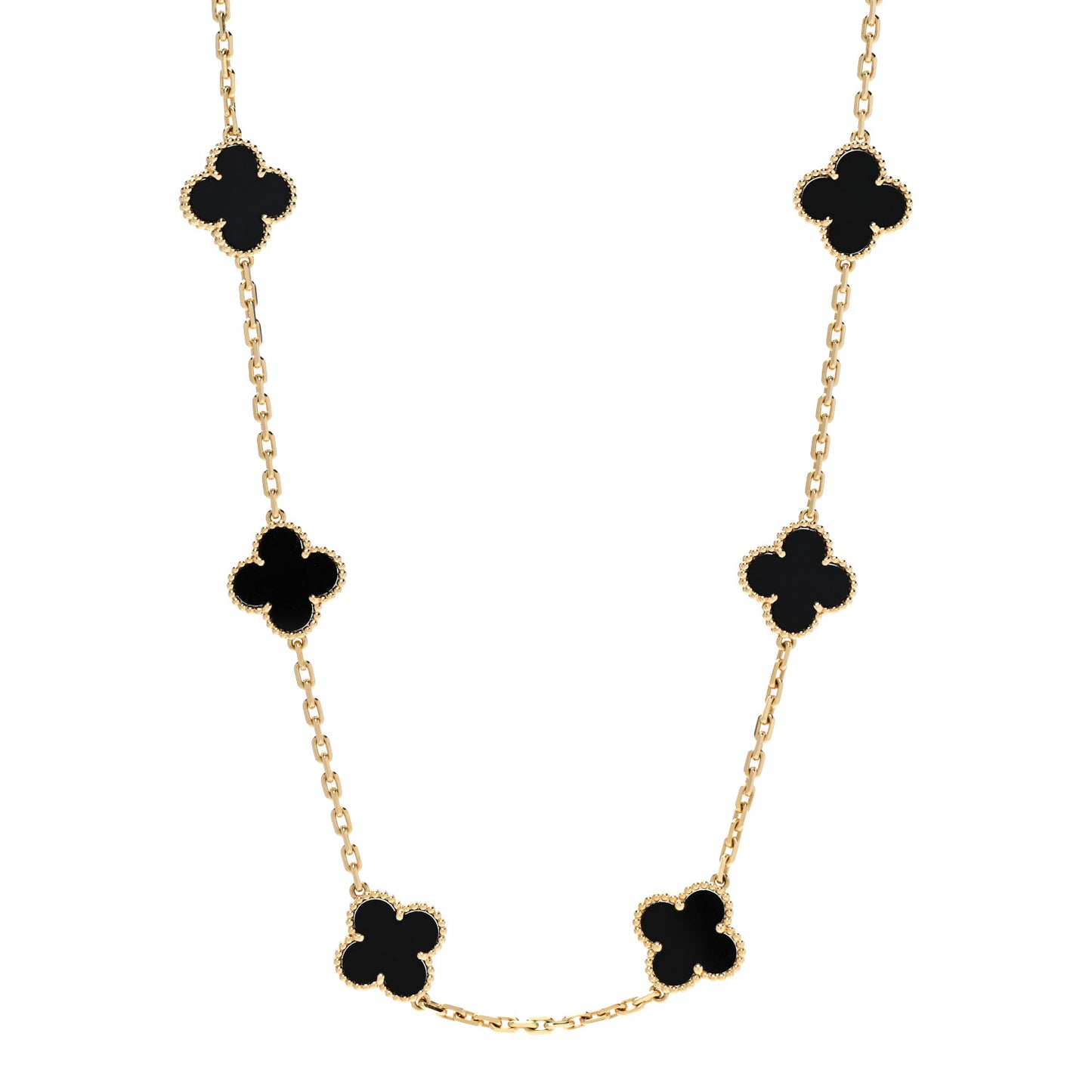18K Yellow Gold Black Onyx 10 Motifs Vintage Alhambra Necklace