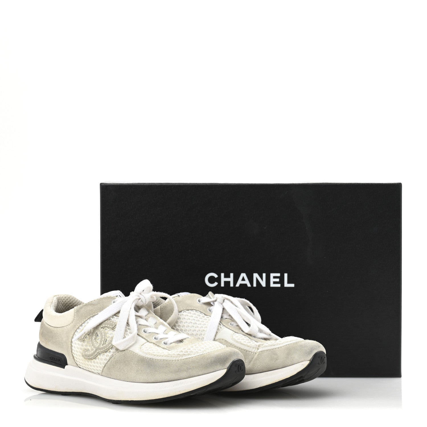 Chanel Calfskin Mesh Lycra Suede Womens Logo Sneakers 36.5 White 9 of 9
