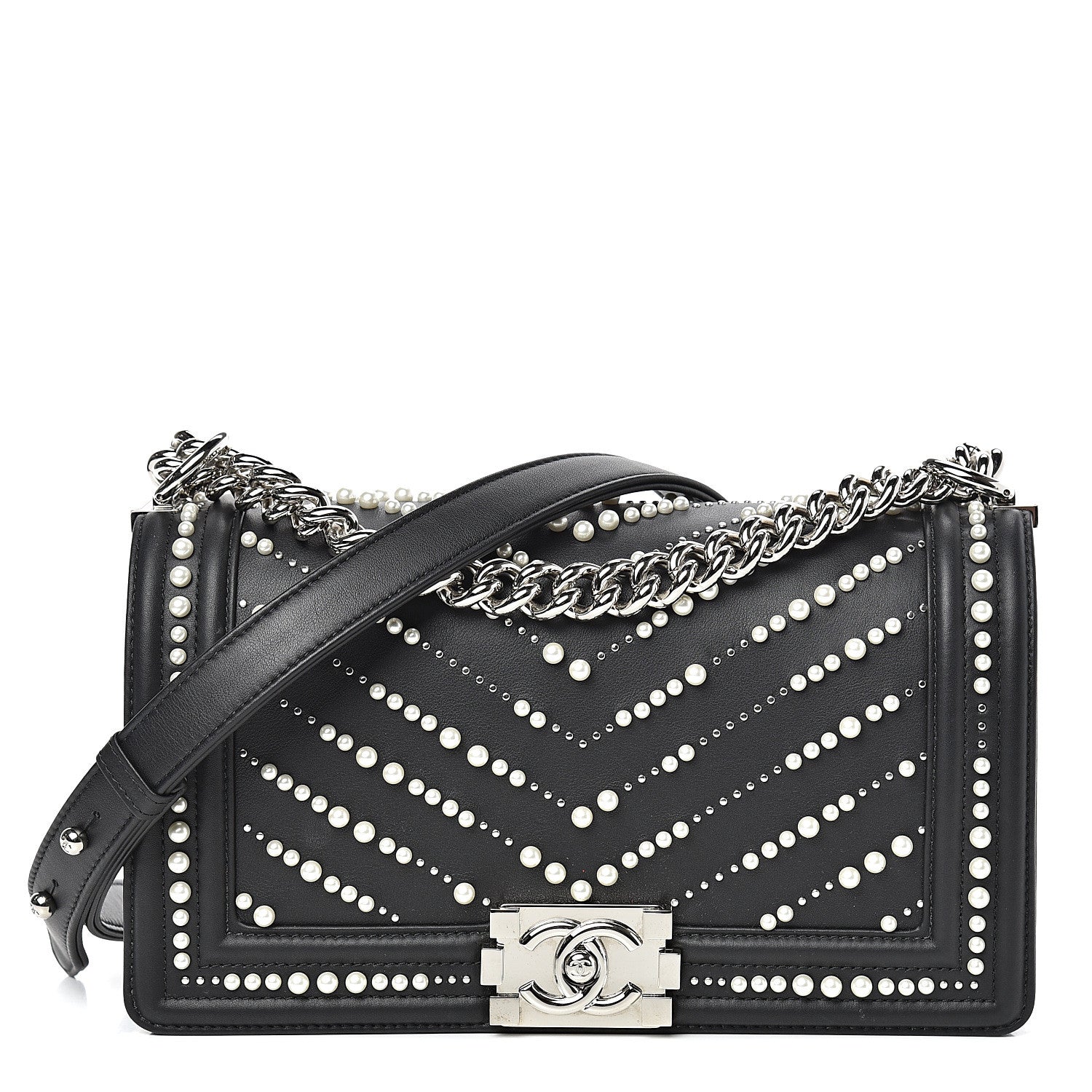 Chanel Calfskin Pearl Chevron Medium Boy Flap Black 1 of 13