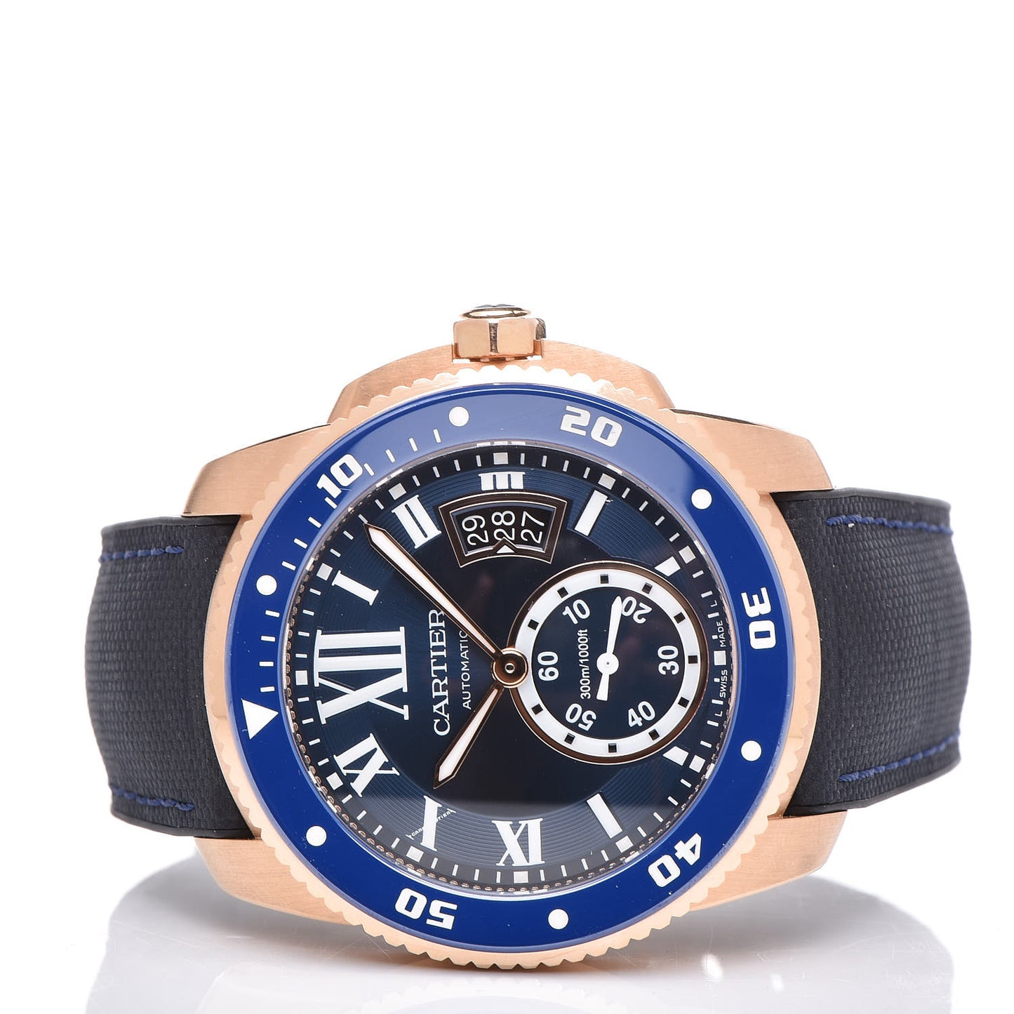 18K Pink Gold Rubber 42mm Calibre de Cartier Diver Automatic Watch Blue