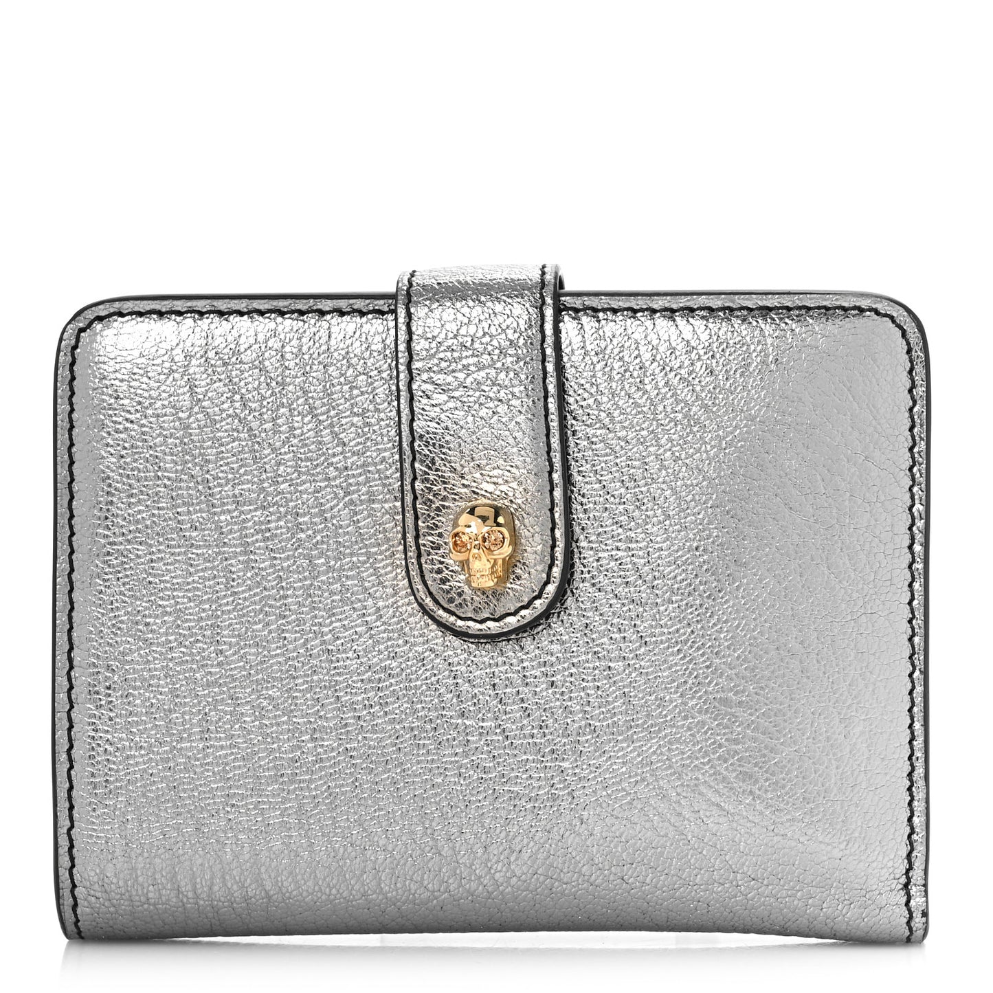 Metallic Calfskin Skull French Wallet Gunmetal