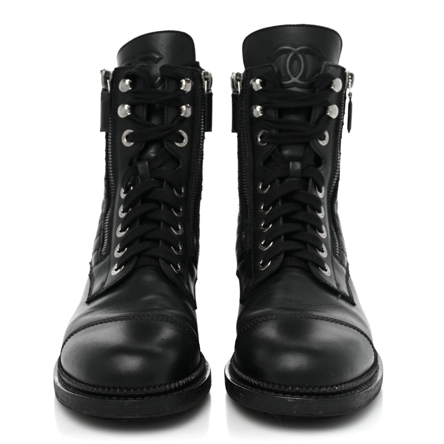 Calfskin Quilted Lace Up Combat Boots 38 Black
