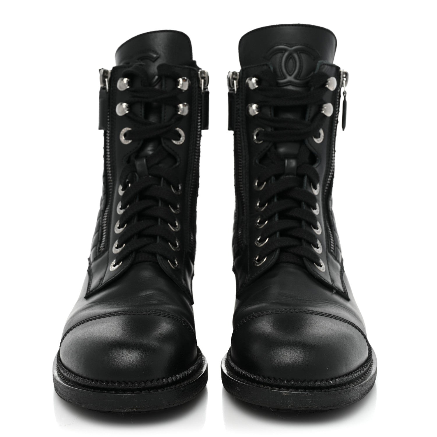 Chanel Calfskin Quilted Lace Up Combat Boots 38 Black 2 of 11