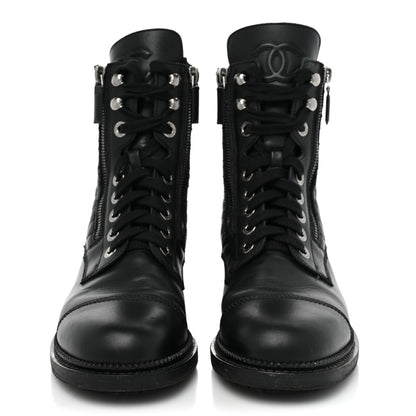 Chanel Calfskin Quilted Lace Up Combat Boots 38 Black 2 of 11