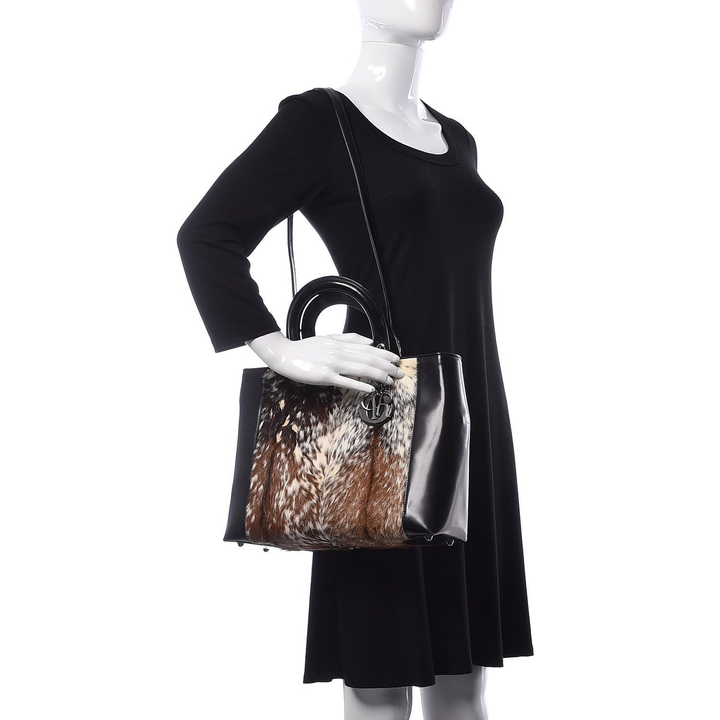 Patent Pony Hair Deer Print Large Lady Dior Black