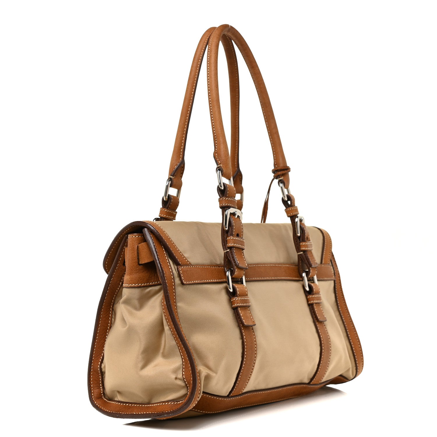 Prada Tessuto Nylon Vitello Foldover Pushlock Satchel Beige 3 of 28