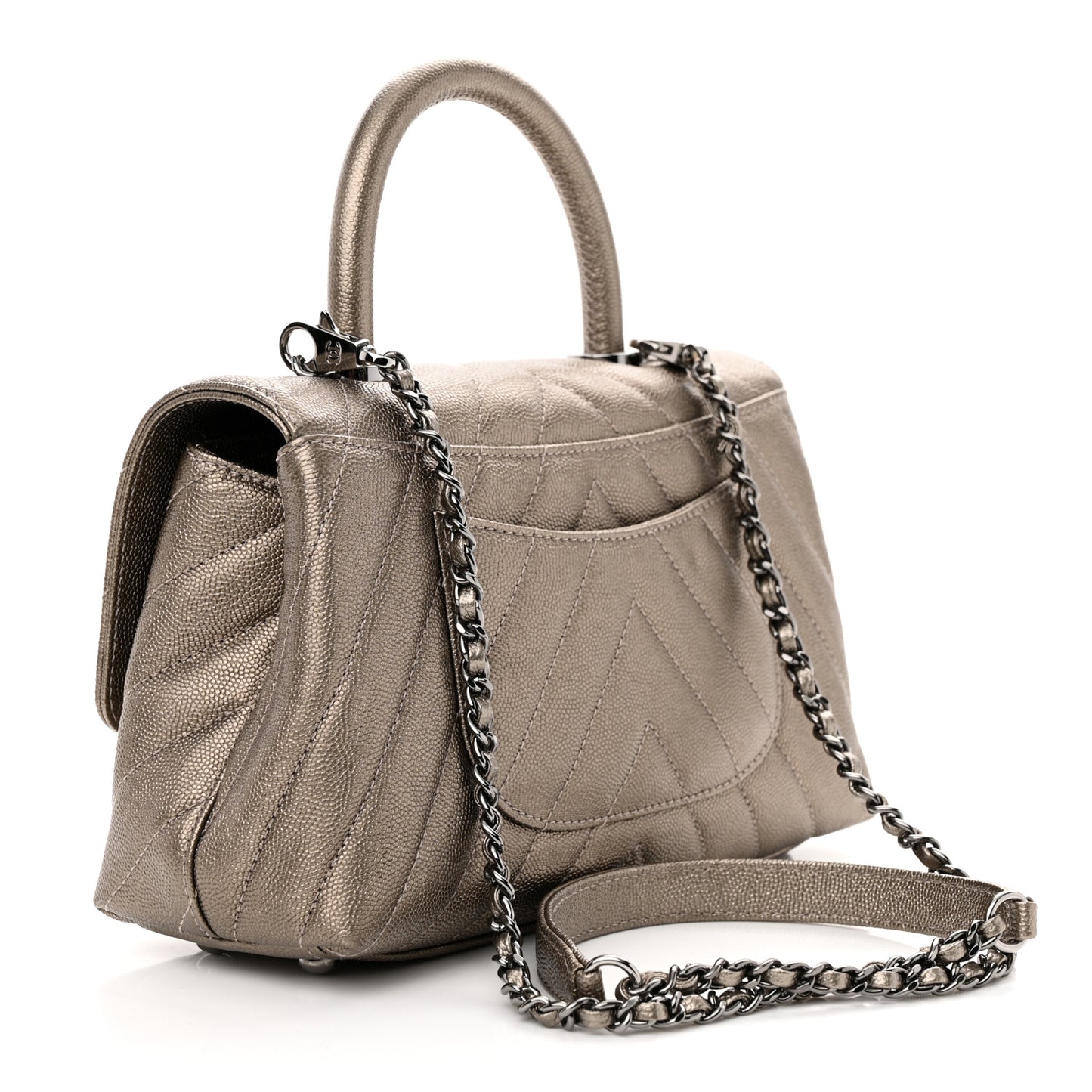 Metallic Caviar Chevron Quilted Mini Coco Handle Flap Light Gold