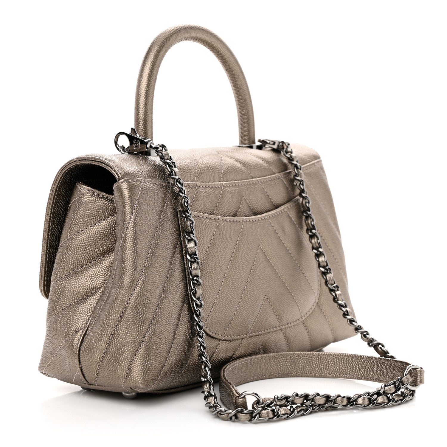 Chanel Metallic Caviar Chevron Quilted Mini Coco Handle Flap Light Gold 3 of 13