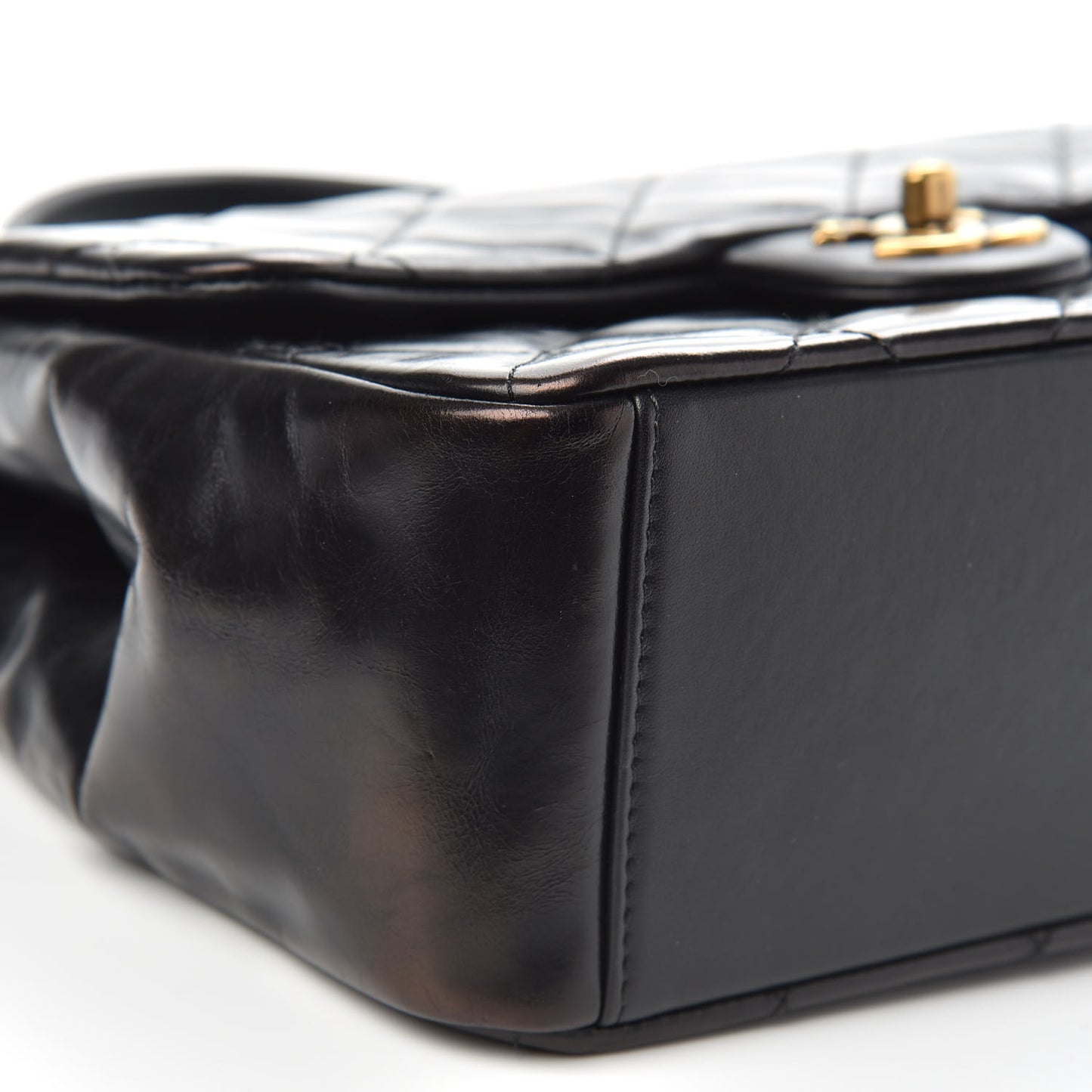 Glazed Calfskin Quilted Medium Gold Bar Top Handle Flap Black
