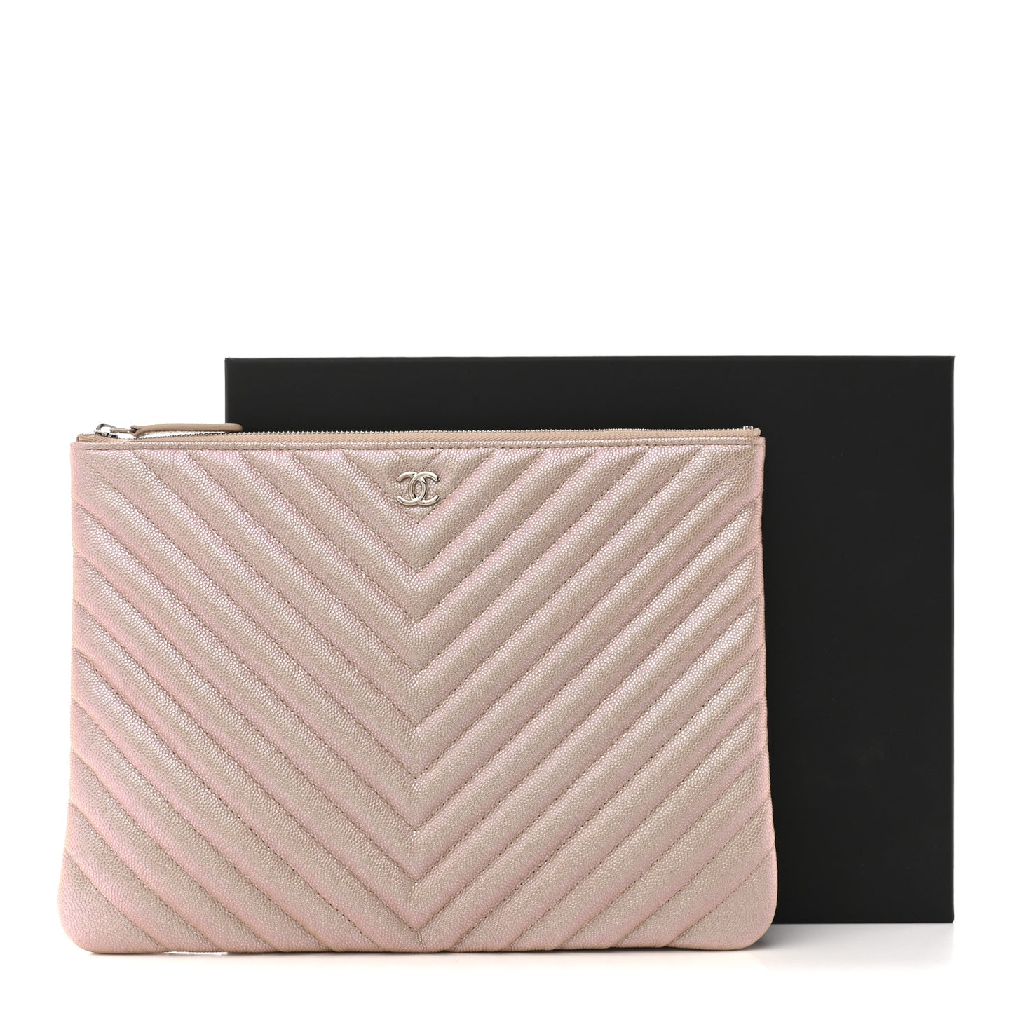 Iridescent Caviar Chevron Quilted Medium Cosmetic Case Light Gold