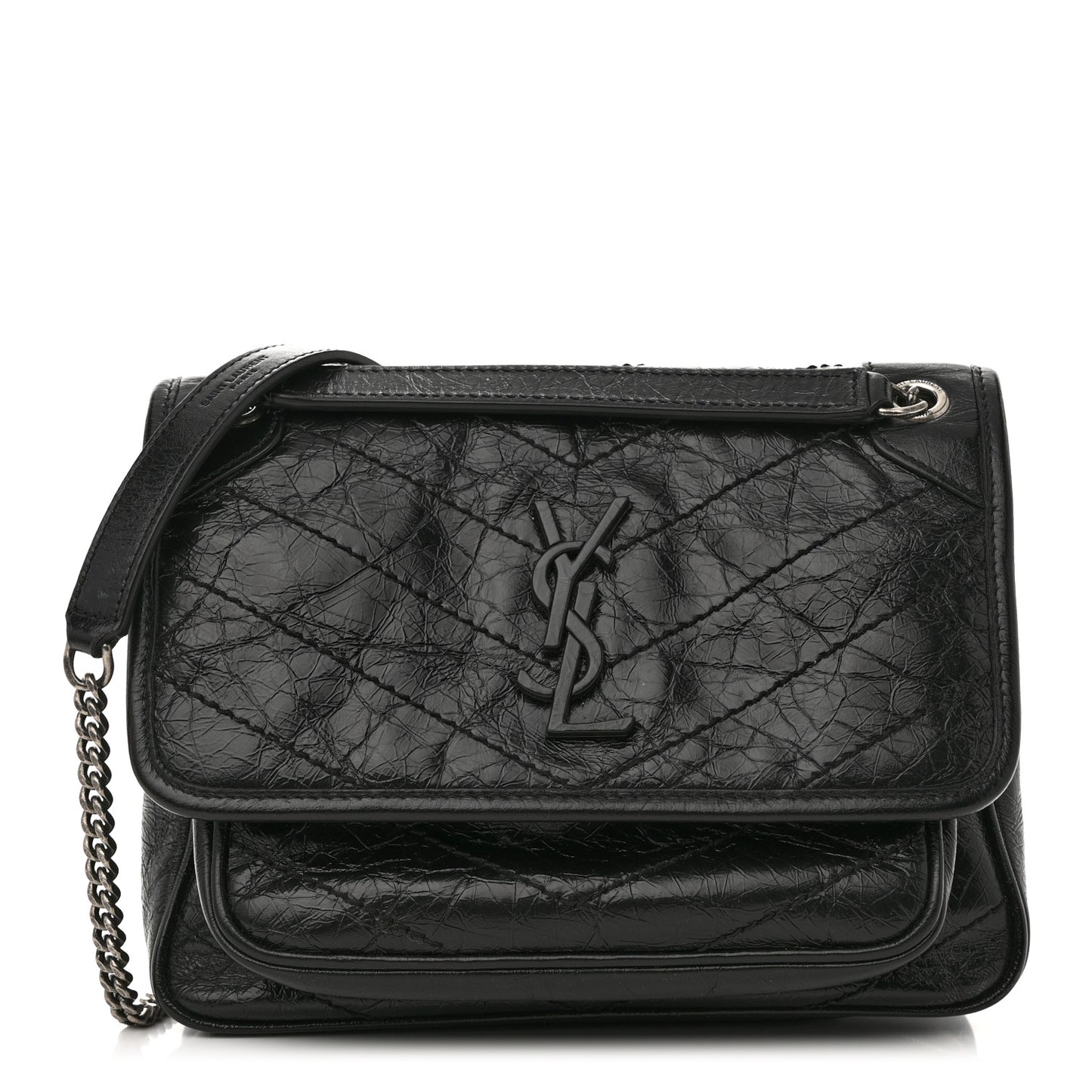 Crinkled Lambskin Matelasse Monogram Baby Niki Chain Satchel Black