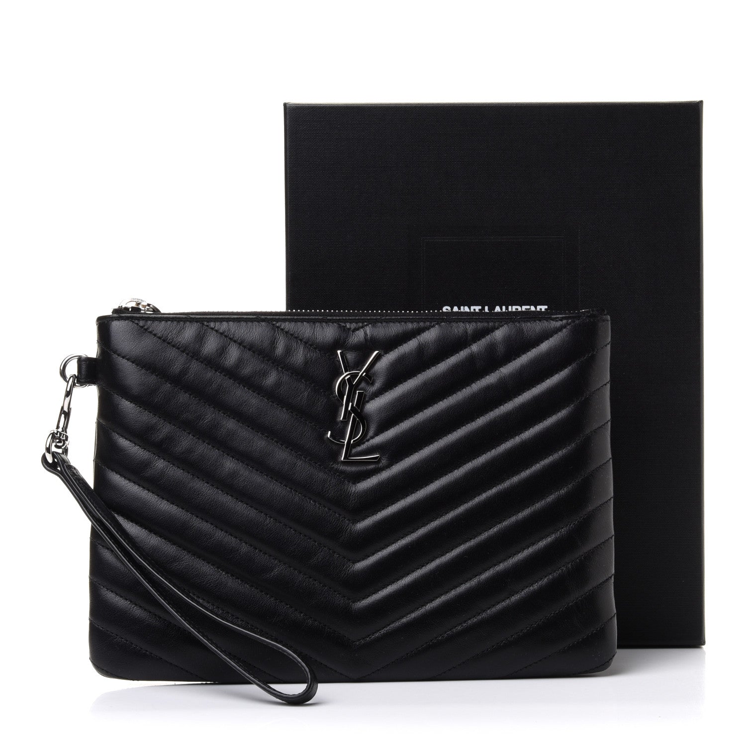 Saint Laurent Calfskin Matelasse Chevron Monogram A5 Wristlet Black 9 of 9