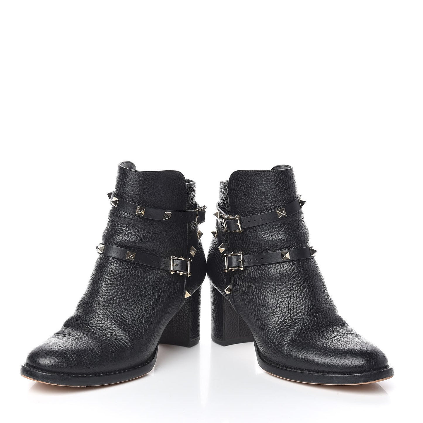 Pebbled Calfskin Rockstud Double Buckle 70mm Block Heel Ankle Boots 36.5 Black