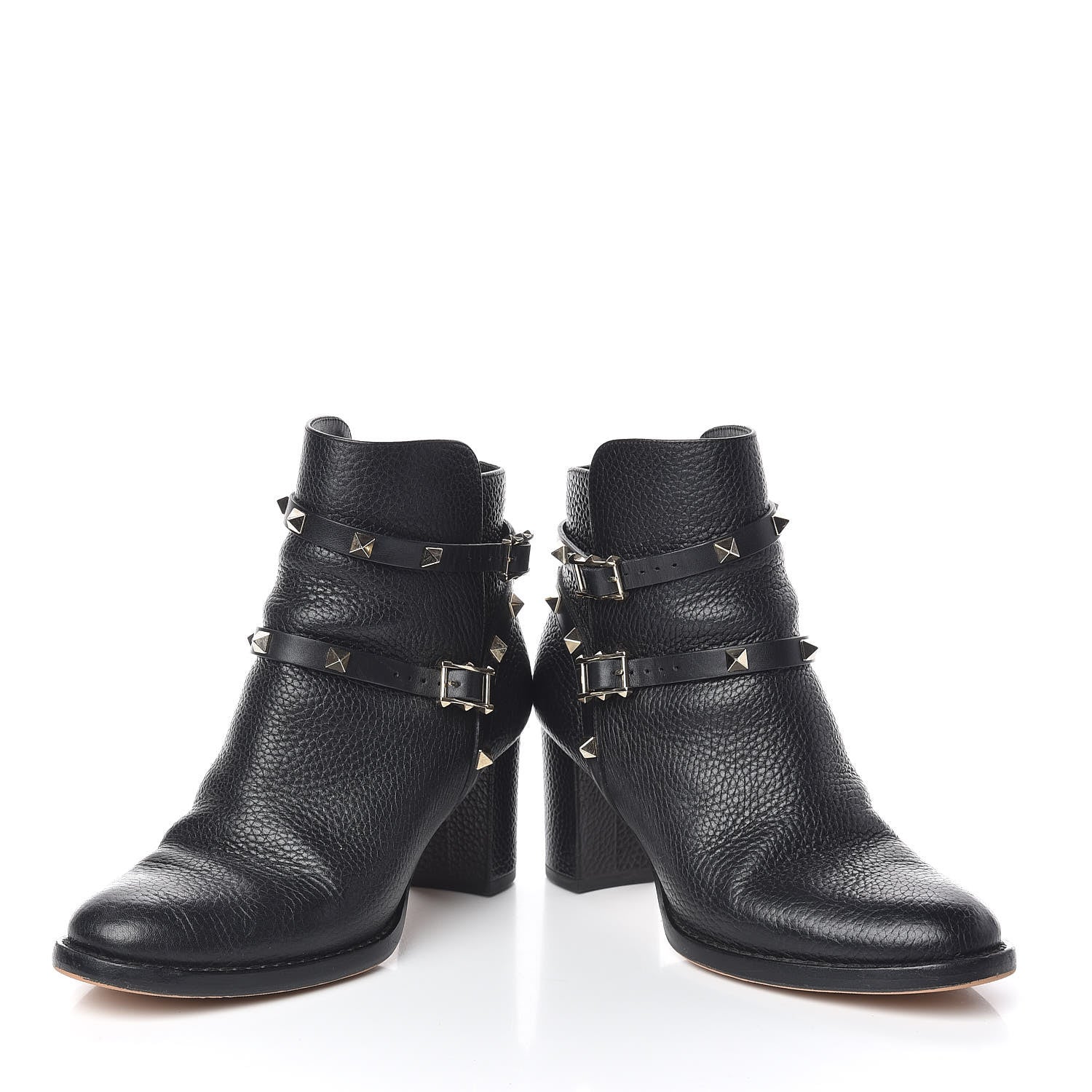 Valentino Garavani Pebbled Calfskin Rockstud Double Buckle 70mm Block Heel Ankle Boots 36.5 Black 6 of 11