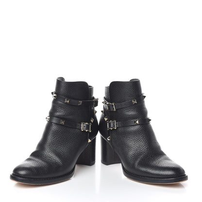 Valentino Garavani Pebbled Calfskin Rockstud Double Buckle 70mm Block Heel Ankle Boots 36.5 Black 6 of 11