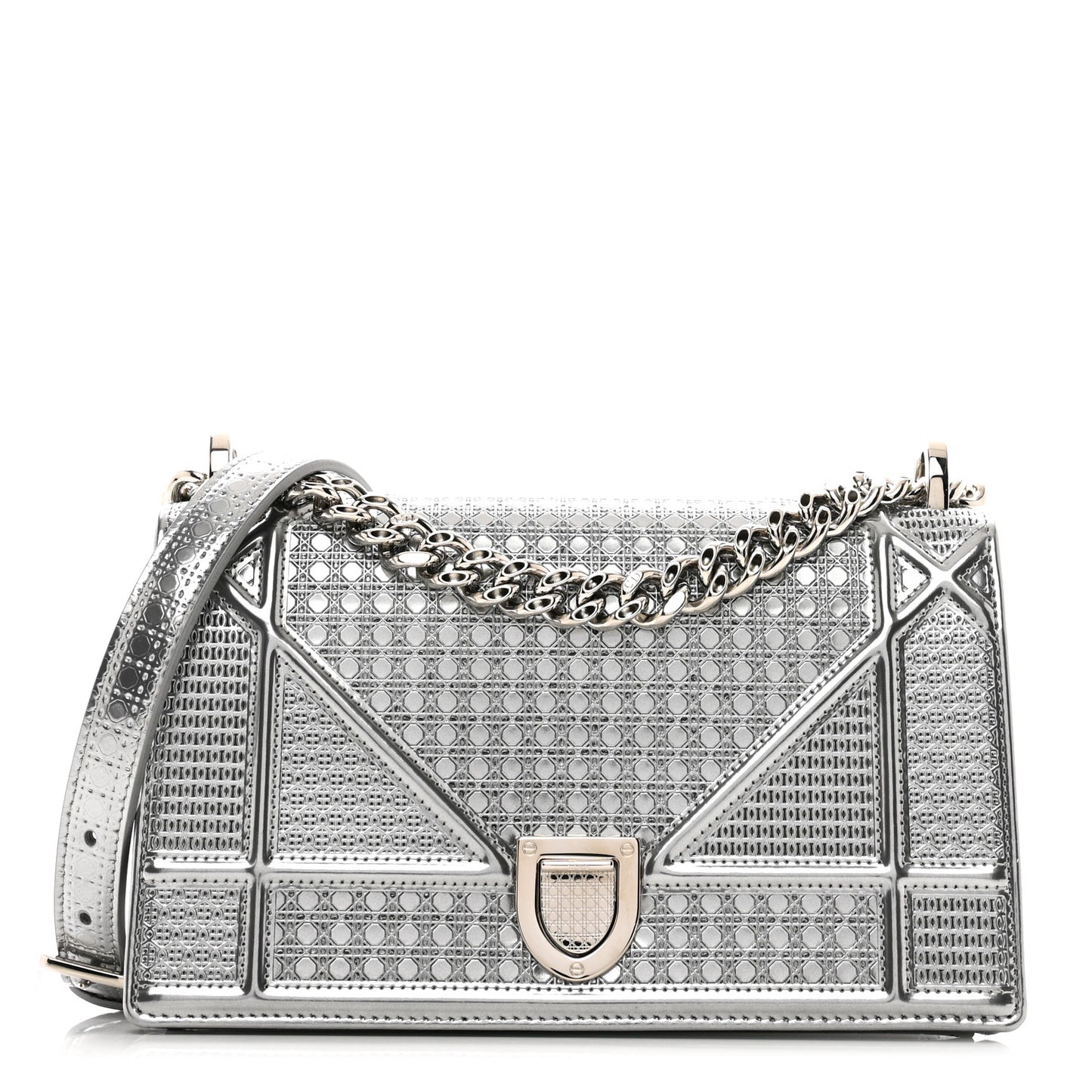 Metallic Patent Micro-Cannage Small Diorama Flap Bag Silver