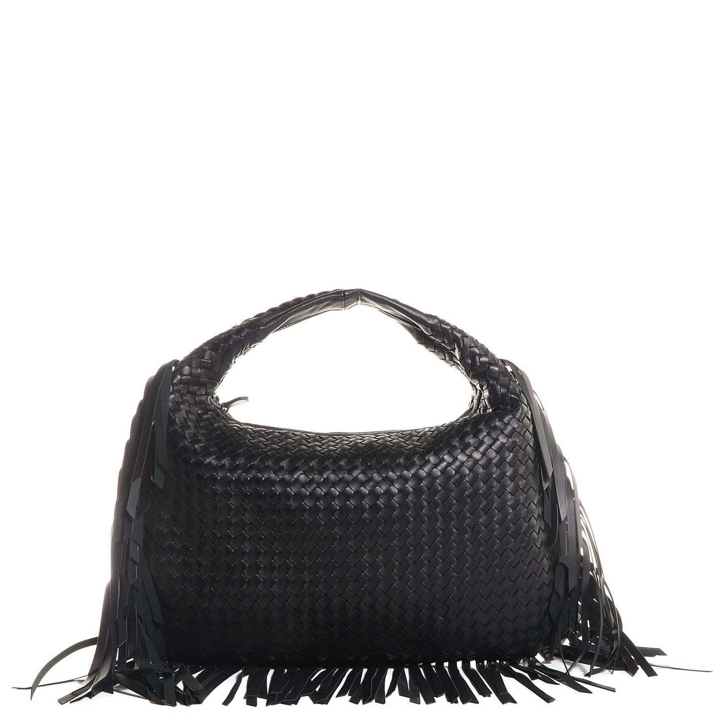 Nappa Intrecciato Veneta Large Fringed Hobo Nero Black
