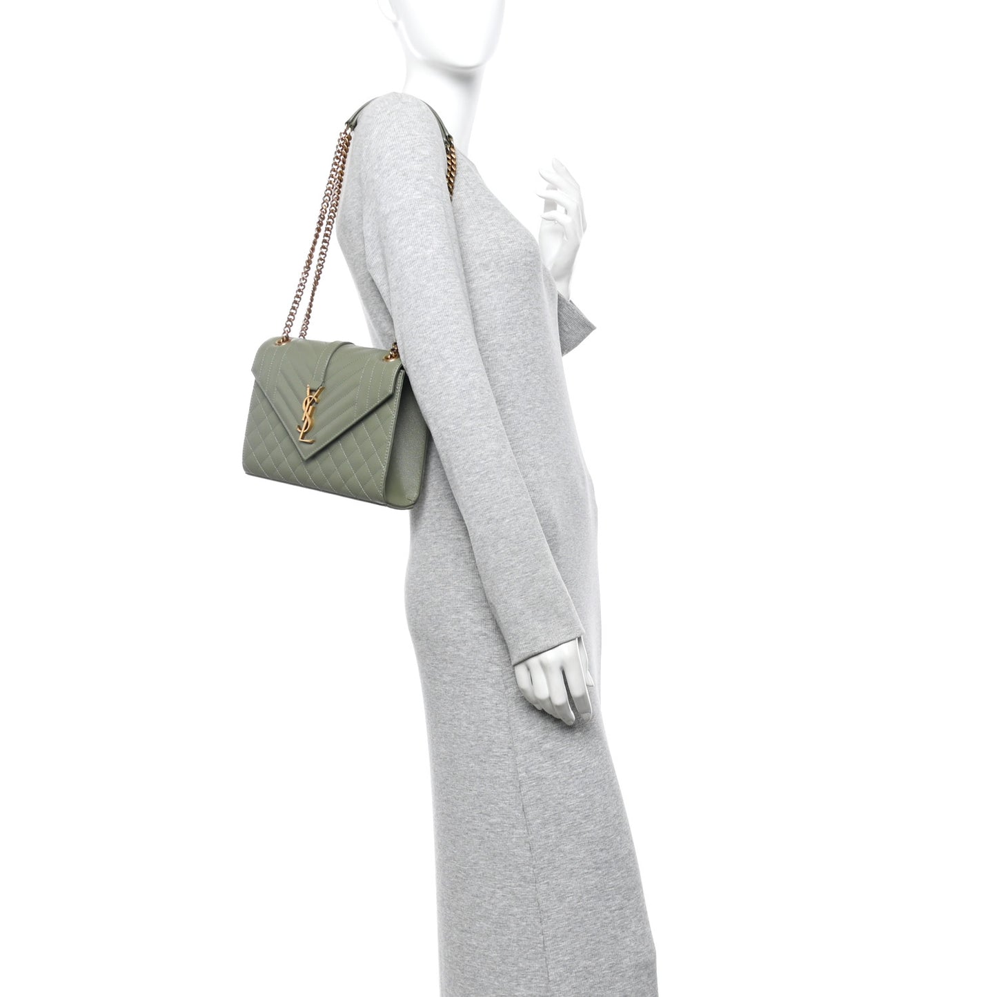 Grain De Poudre Textured Mixed Matelasse Triquilt Medium Monogram Satchel Light Sage