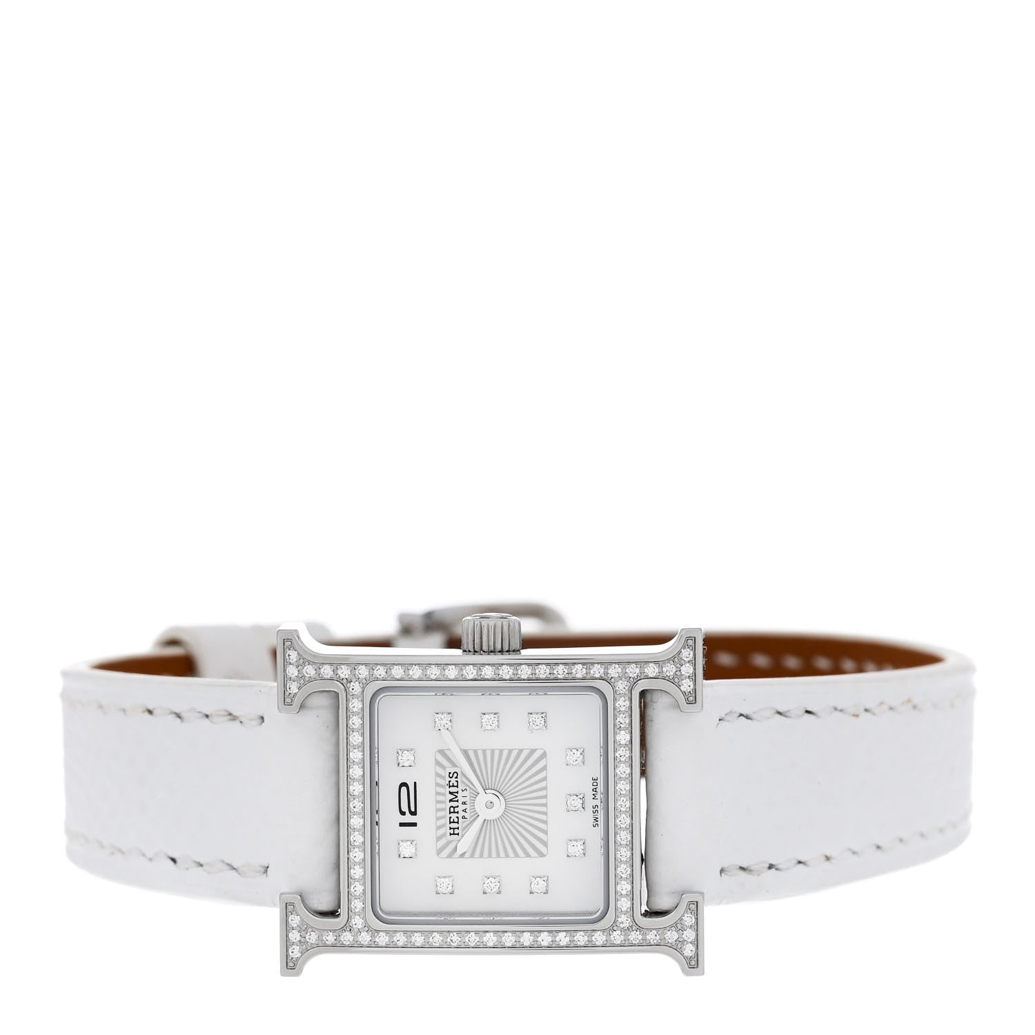 Hermes Stainless Steel Epsom Diamond Bezel Mother of Pearl 17.2mm Heure H Hour Quartz Watch Blanc 2 of 5