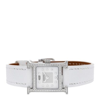 Hermes Stainless Steel Epsom Diamond Bezel Mother of Pearl 17.2mm Heure H Hour Quartz Watch Blanc 2 of 5