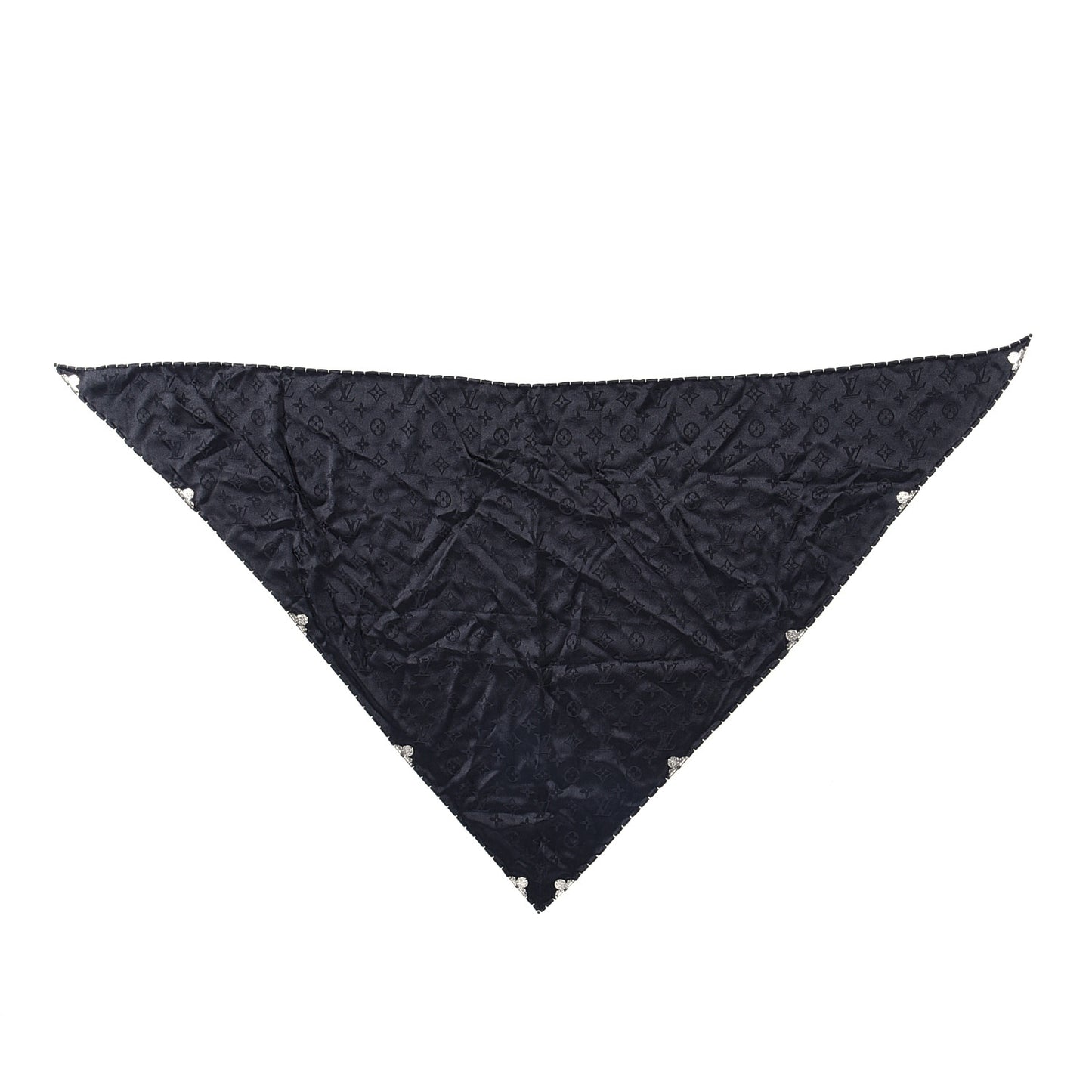 Silk Strass Monogram Flower Crown Triangle Scarf Black