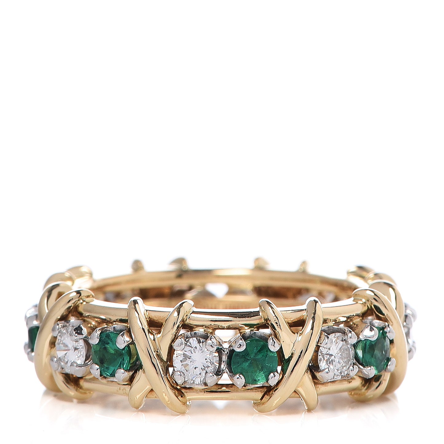 18K Yellow Gold Platinum Diamond Emerald Schlumberger Sixteen Stone Ring 55 7