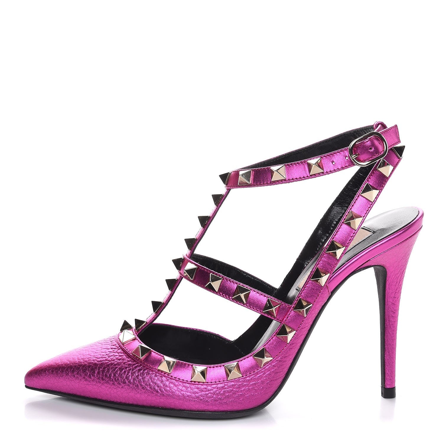 Valentino Garavani Metallic Pebbled Calfskin Rockstud Ankle Strap Pumps 36 Peony 1 of 8