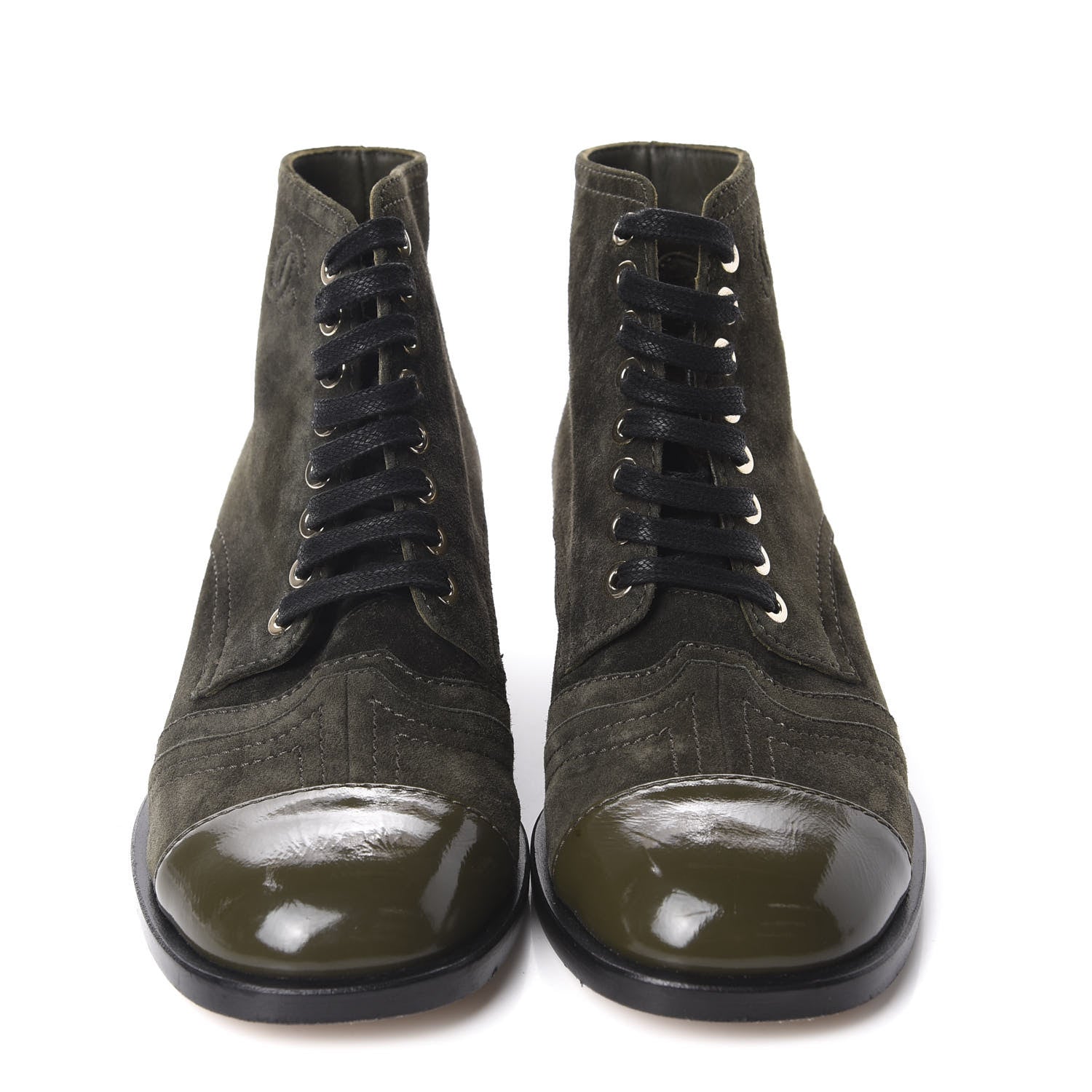 Chanel Suede Patent CC Lace Up Boots 35.5 Green 2 of 11