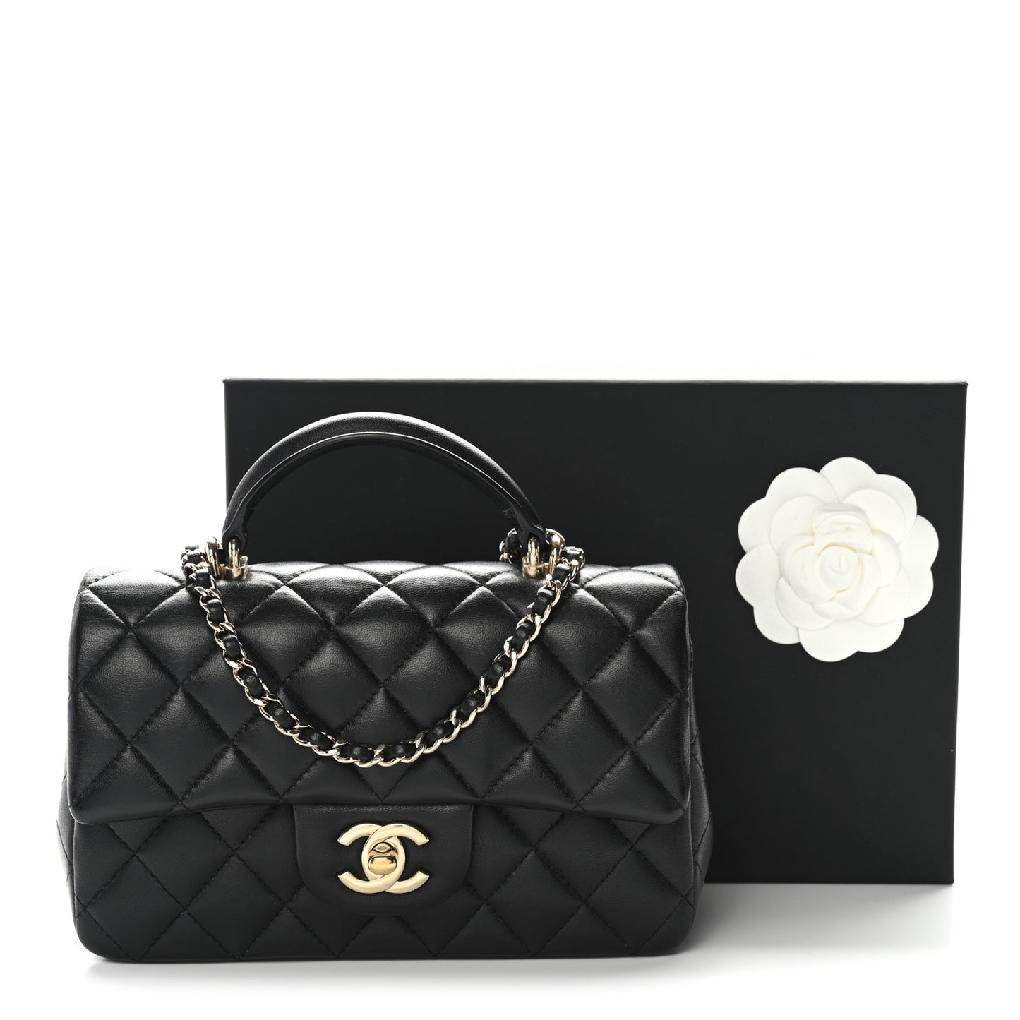 Lambskin Quilted Mini Top Handle Rectangular Flap Black