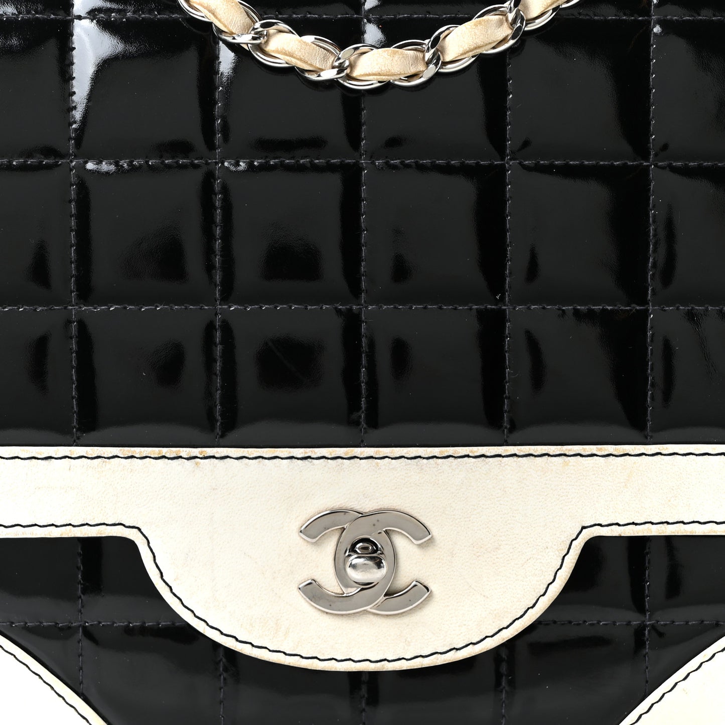 Lambskin Patent Chocolate Bar Flap Black White
