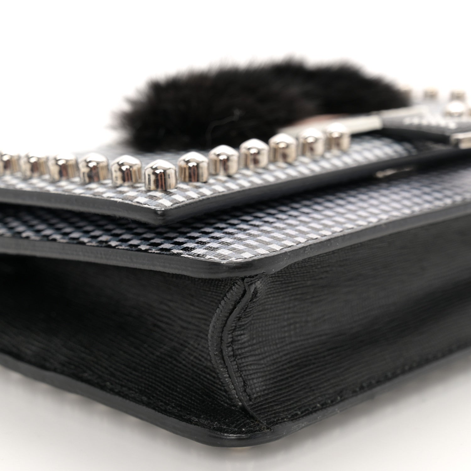 Fendi Vitello Elite Mink Fur Studded Karlito Tube Wallet On Chain Black White 10 of 12