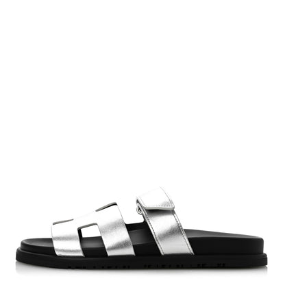 Hermes Metallic Goatskin Womens Chypre Sandals 38 Argent 1 of 10