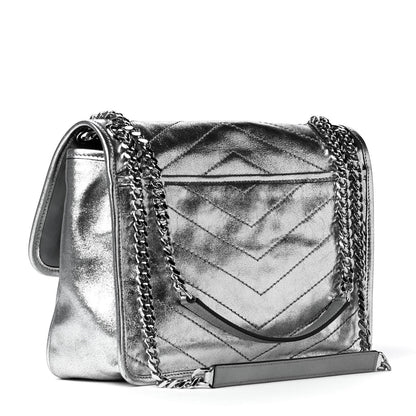 Saint Laurent Metallic Lambskin Matelasse Monogram Medium Niki Chain Satchel Argento 2 of 5