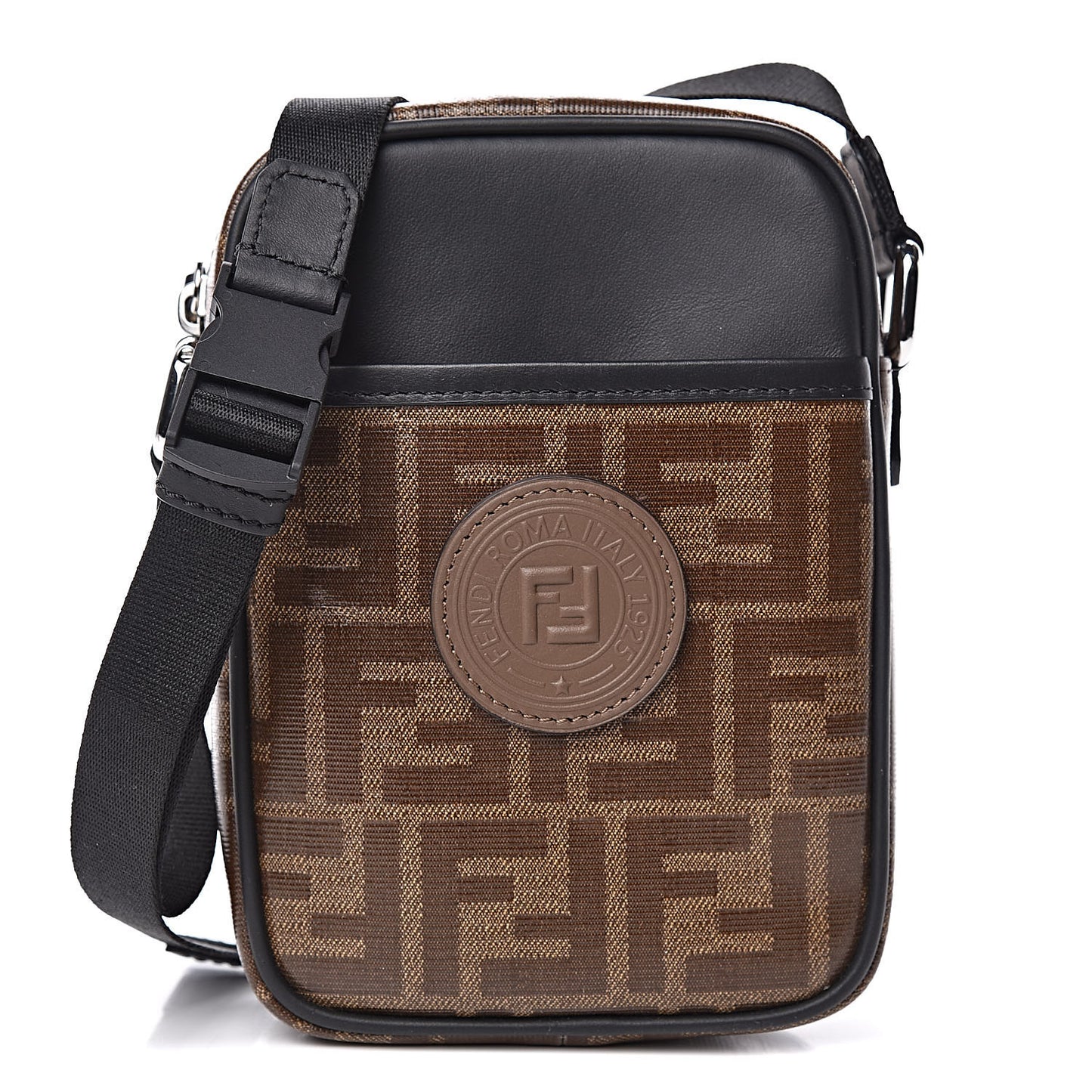 Glazed Fabric Vitello Century FF 1974 Stamp Patch Small Crossbody Messenger Mogano Panna Black