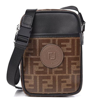 Fendi Glazed Fabric Vitello Century FF 1974 Stamp Patch Small Crossbody Messenger Mogano Panna Black 1 of 9