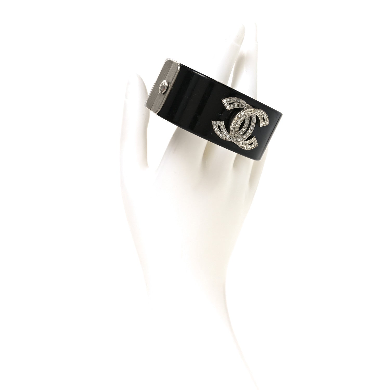 Chanel Resin Crystal Baguette CC Cuff Black Silver 2 of 5