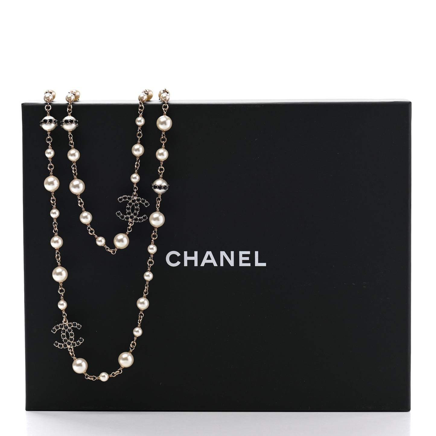 Pearl Crystal CC Long Necklace Black Gold