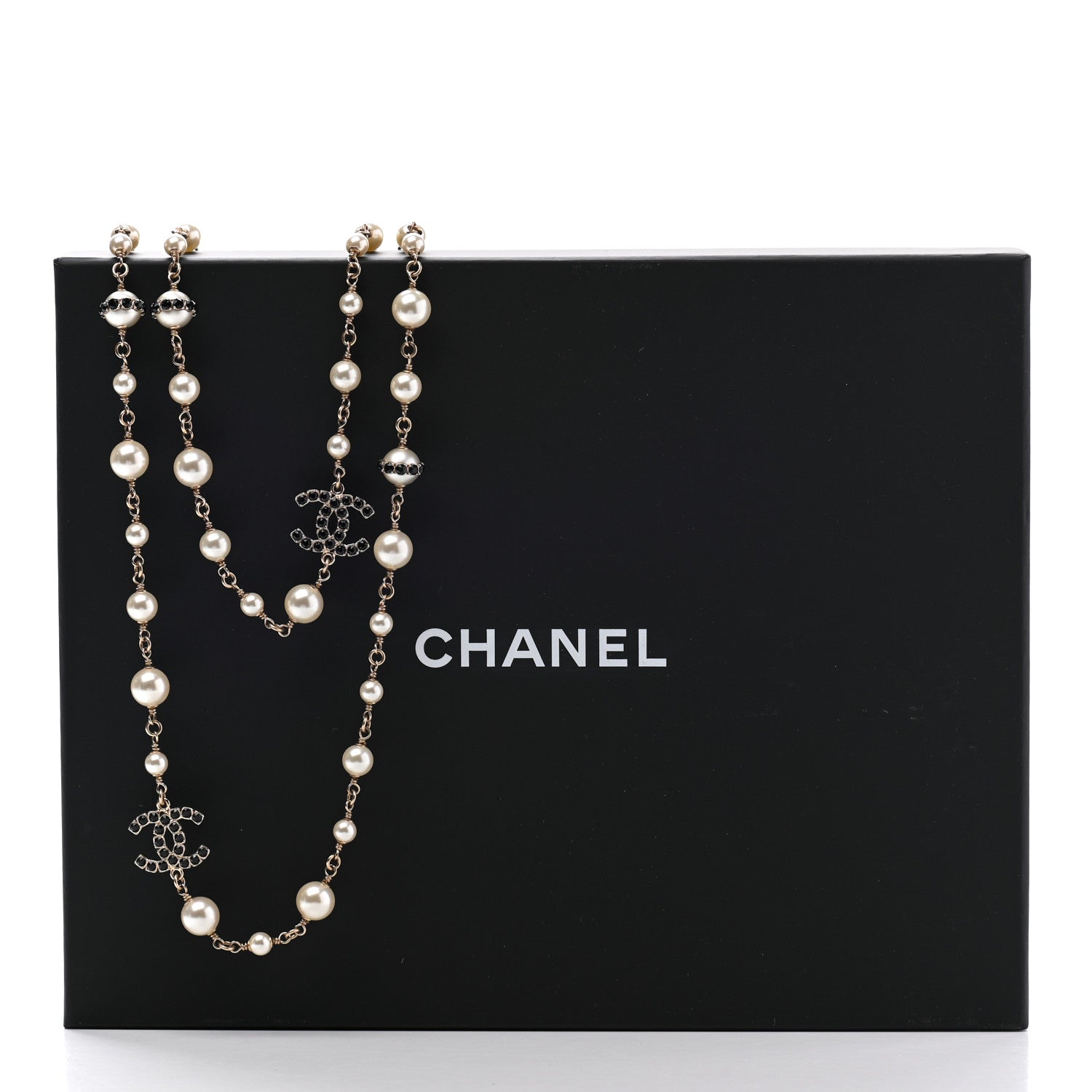 Chanel Pearl Crystal CC Long Necklace Black Gold 8 of 8