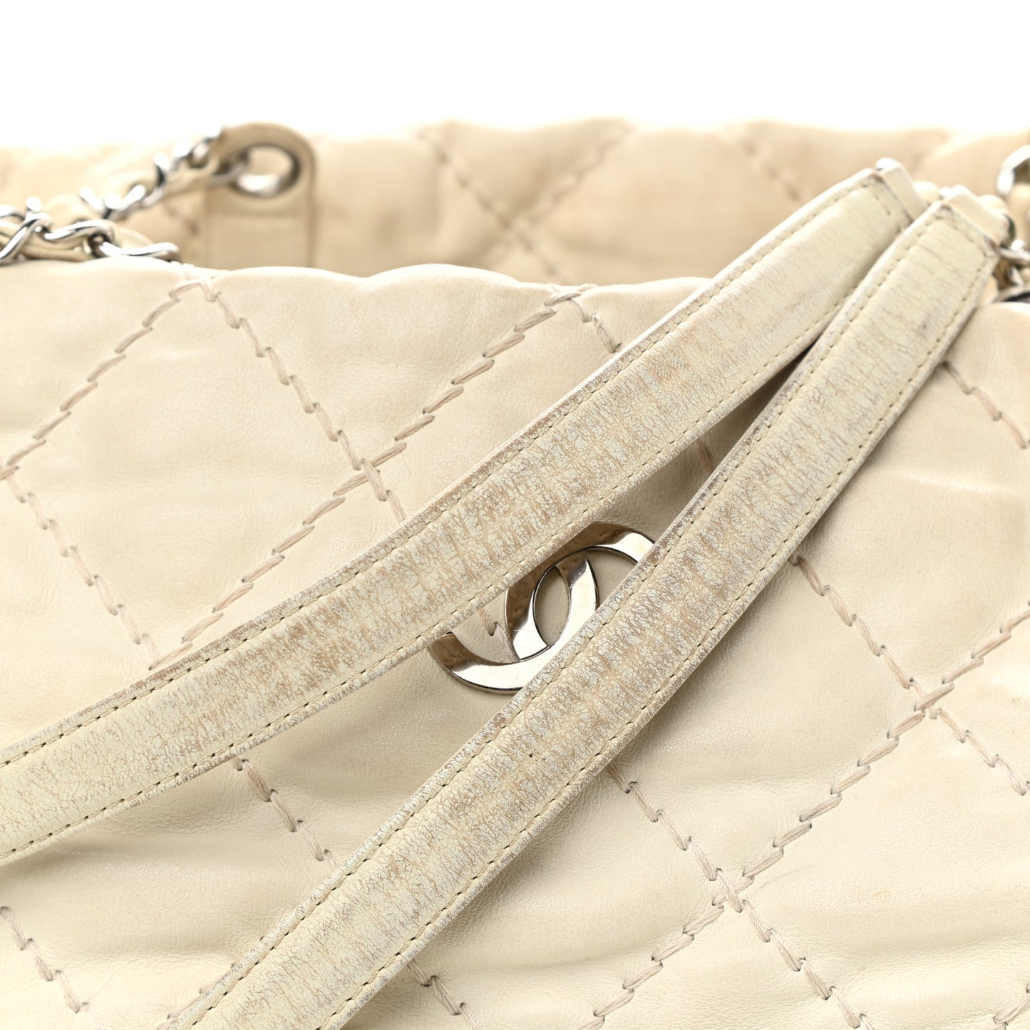Calfskin Contrast Stitch Tote Beige