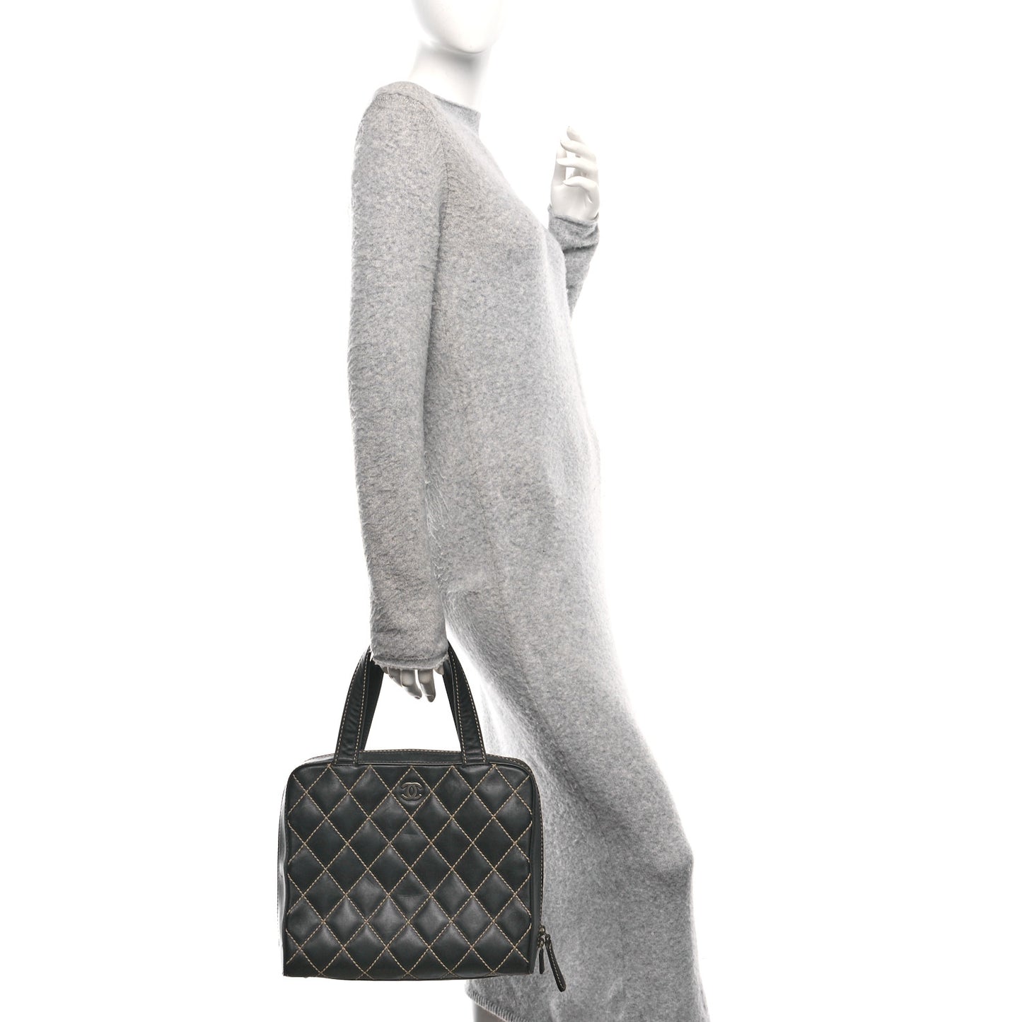 Calfskin Wild Stitch Vertical Top Handle Bag Black