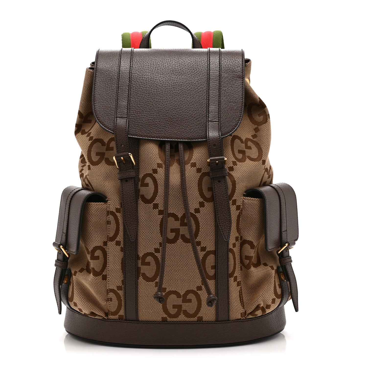Gucci Monogram Jumbo GG Textured Dollar Calfskin Web Double Buckle Backpack Camel Ebony New Acero 1 of 11