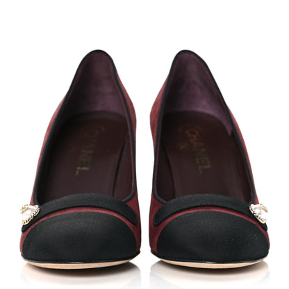 Chanel Glitter Calfskin Grosgrain Cap Toe Pearl Pumps 38 Burgundy Black 2 of 9