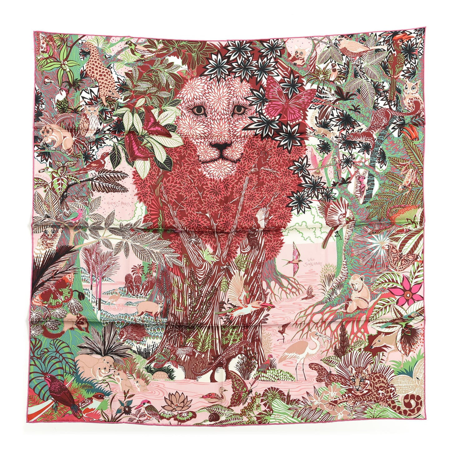Silk Wild Singapore Scarf 90 Rose Vert Bordeaux