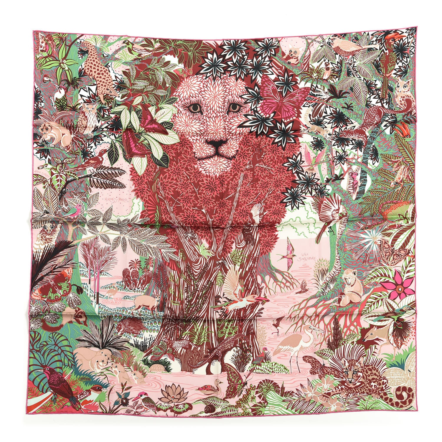 Hermes Silk Wild Singapore Scarf 90 Rose Vert Bordeaux 1 of 3