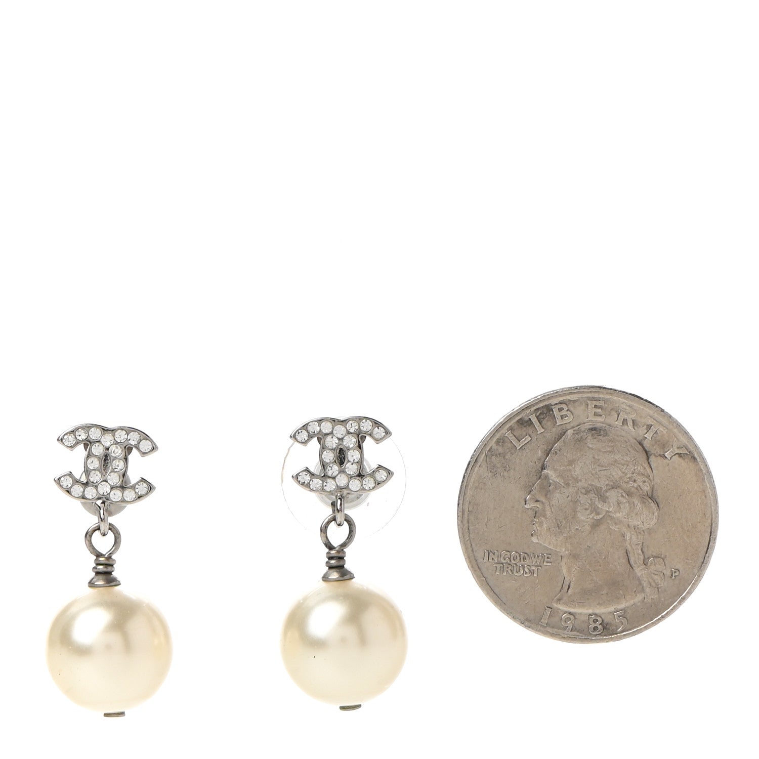 Chanel Crystal Pearl CC Drop Earrings Silver Pearly White 2 of 4